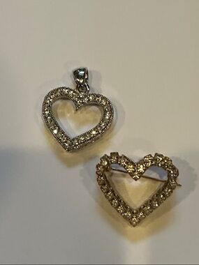 Silver Heart Crystal Pendant and Brooch Set - Sparkling Heart Jewelry